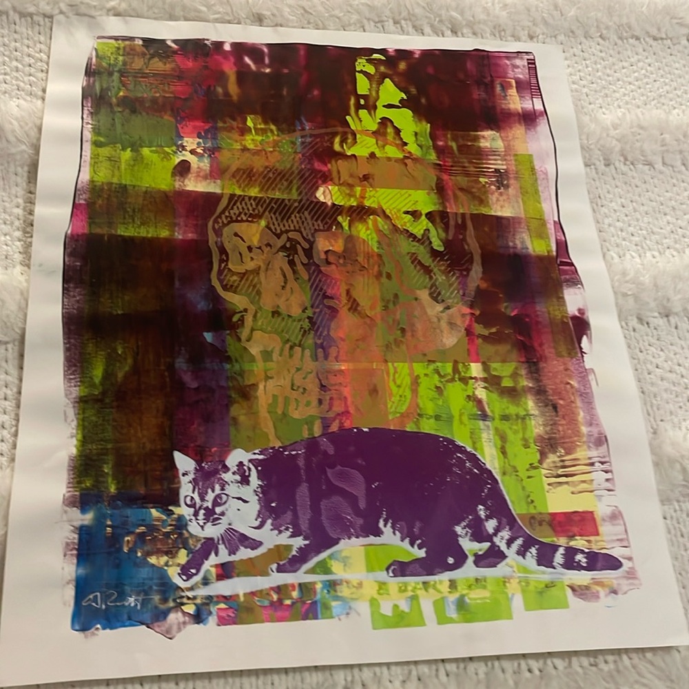 Handcrafted art painting cat skull signed by artist OJ Rutt 14 x 16 1/4“
